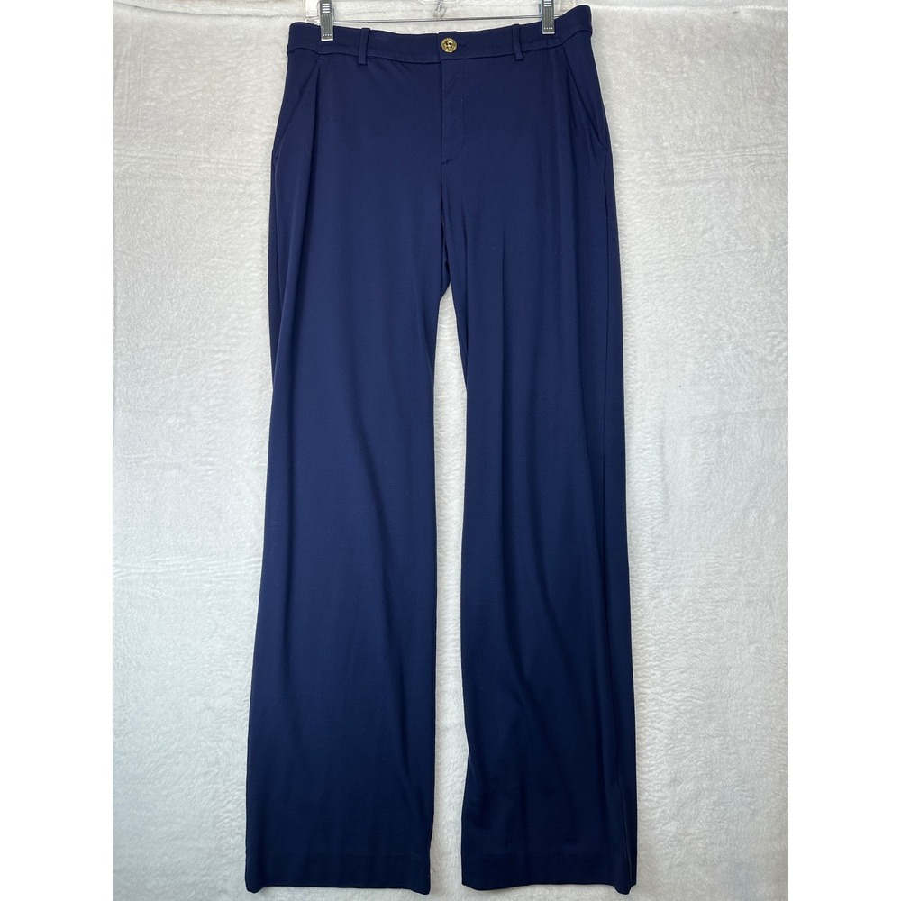Lilly Pulitzer Wide Leg Knit Trousers Womens 6 Navy Blue Gold Button Stretch